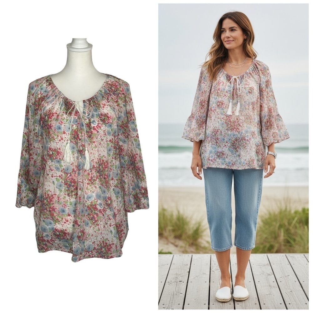 Chaps Floral Peasant Tassel tie top cottons sz L EUC boho coastal granny Flowy
